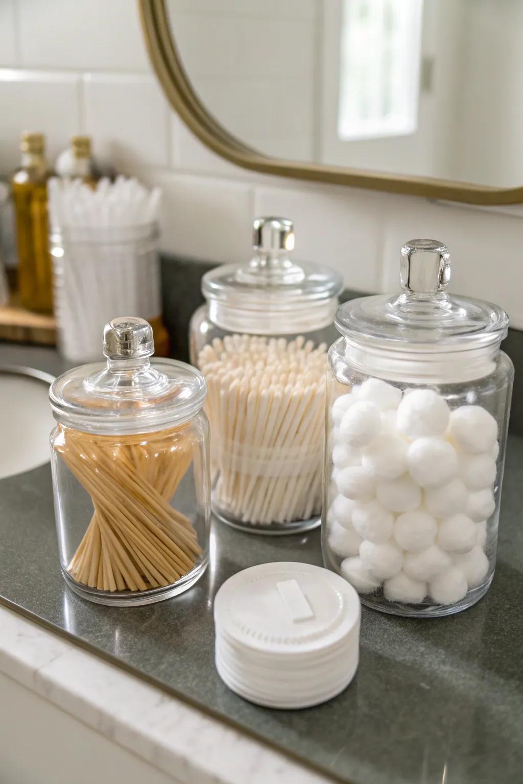 See-through jars for easy visibility of essentials.