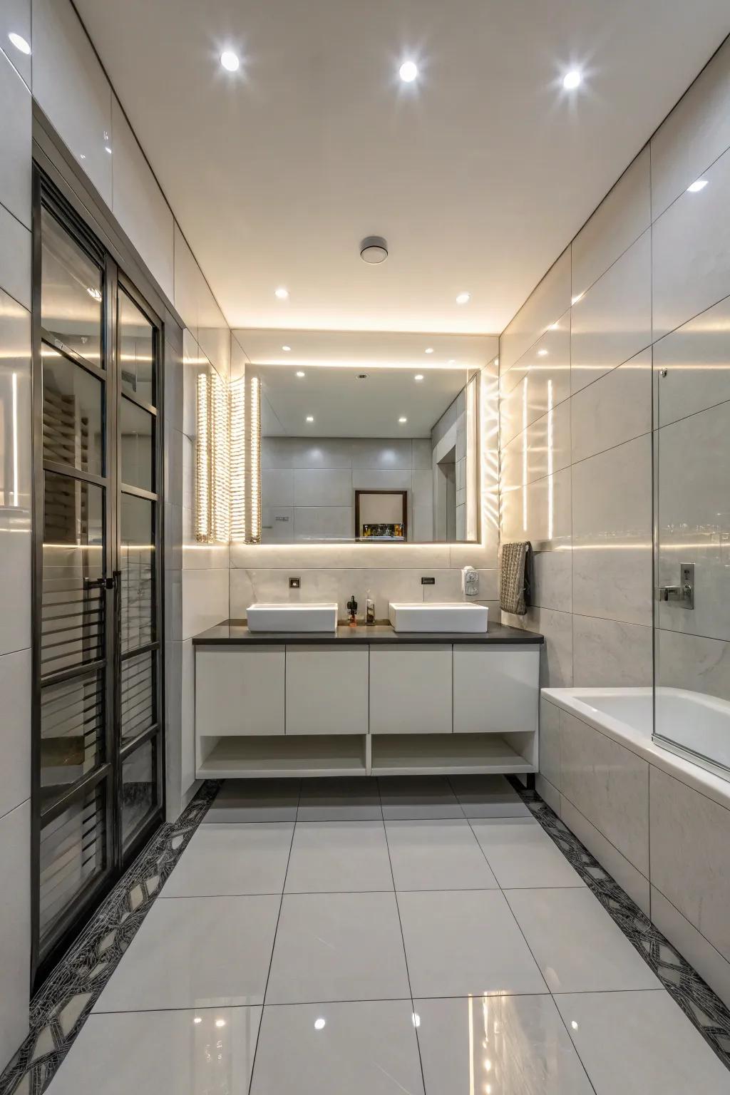 Glossy tiles improve brightness and space in the washroom.