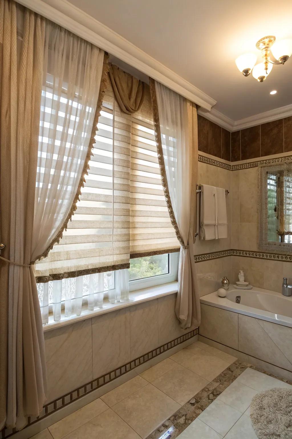 Layered window handlings delivering flexible illumination and solitude command.