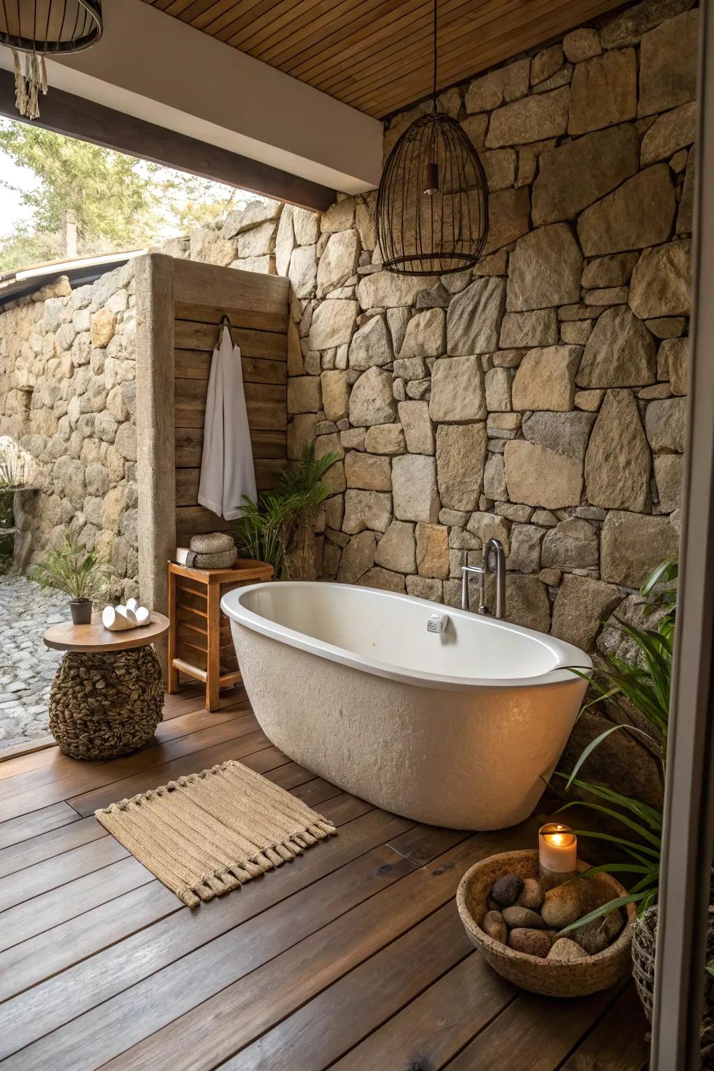Varied textures contribute dimension and appeal to this bathtub area.