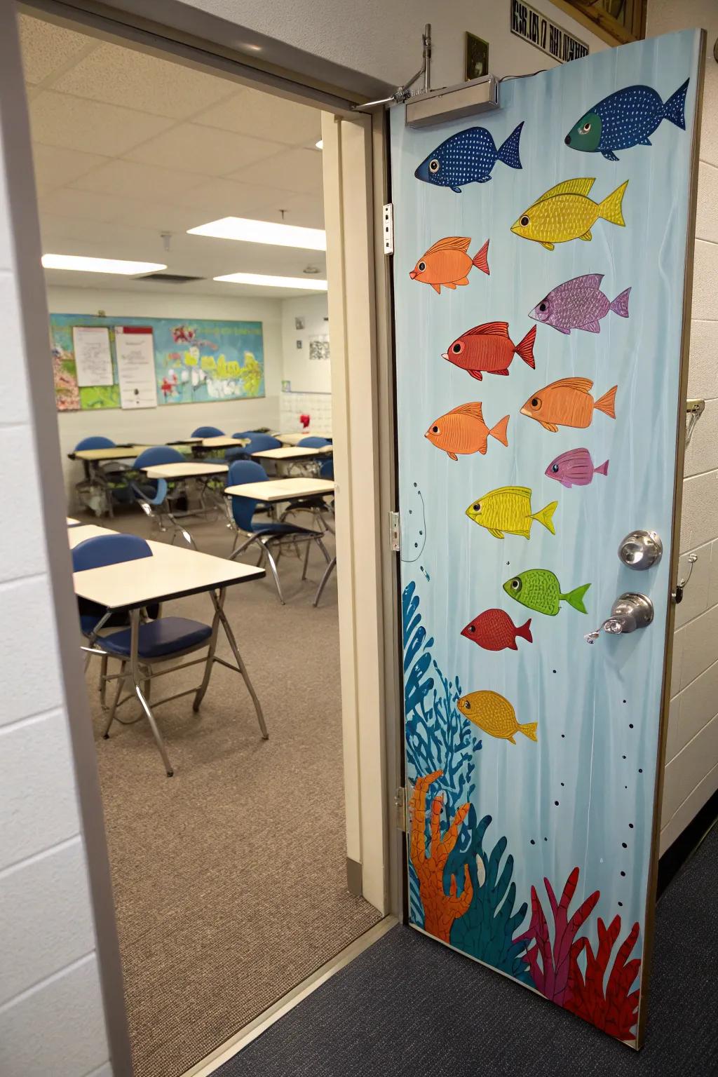 A lively procession of exotic fish on a classroom entrance.