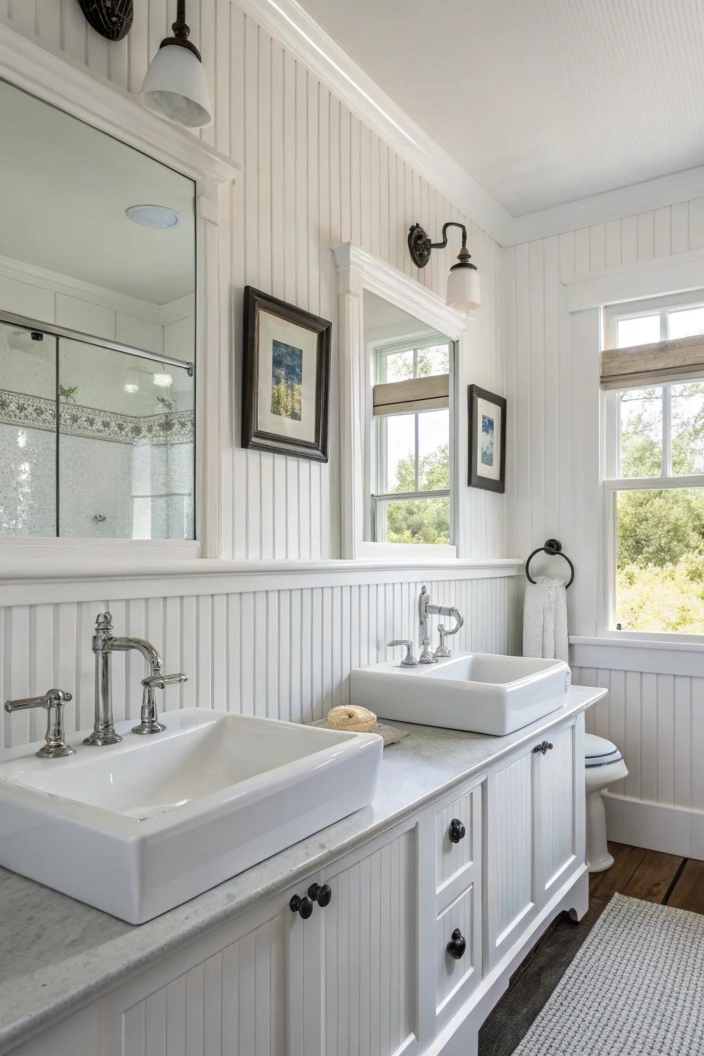 Comparing paneling by way of contemporary fixtures causes intrigue.