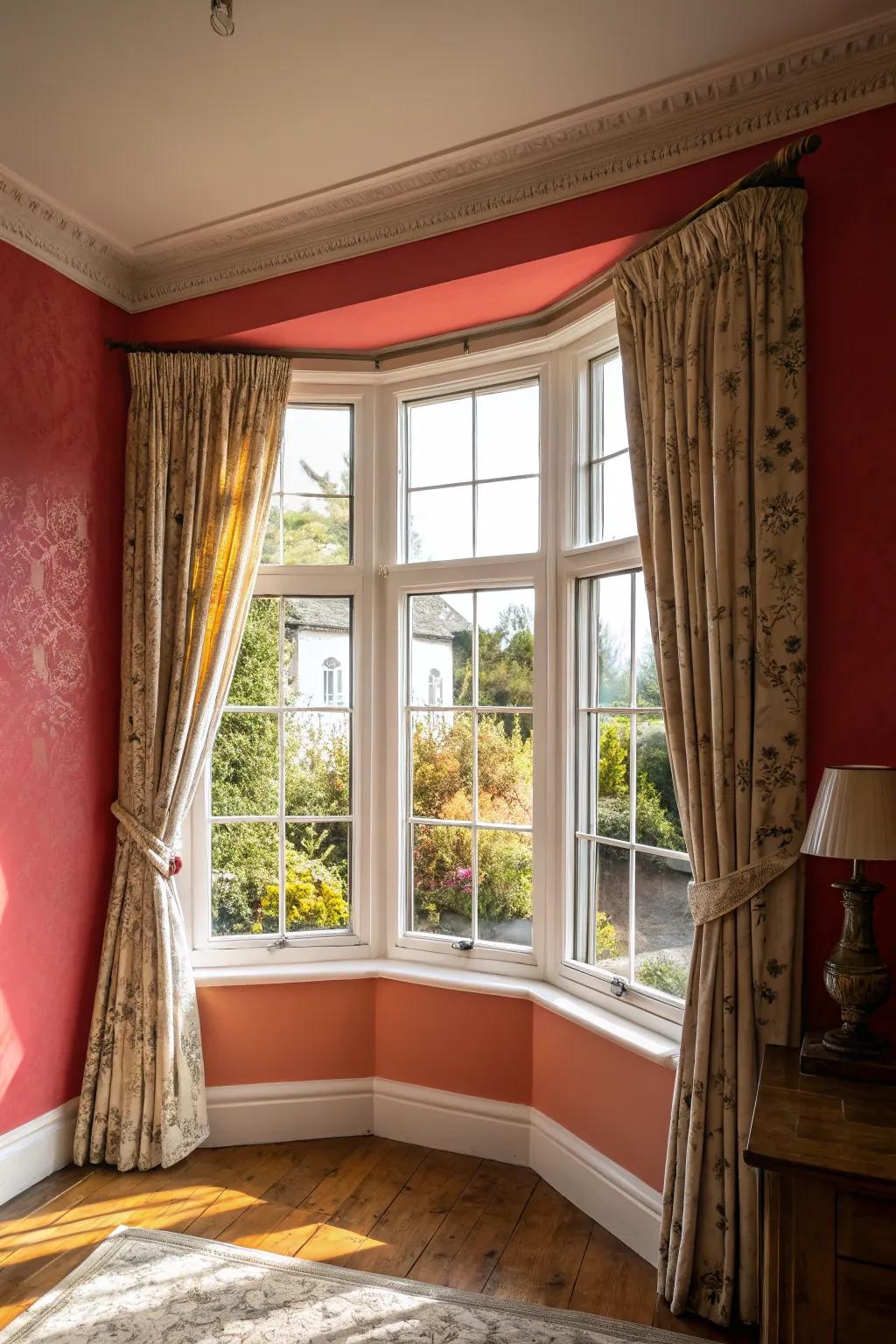 An accent wall adds color and style to your bay window area.