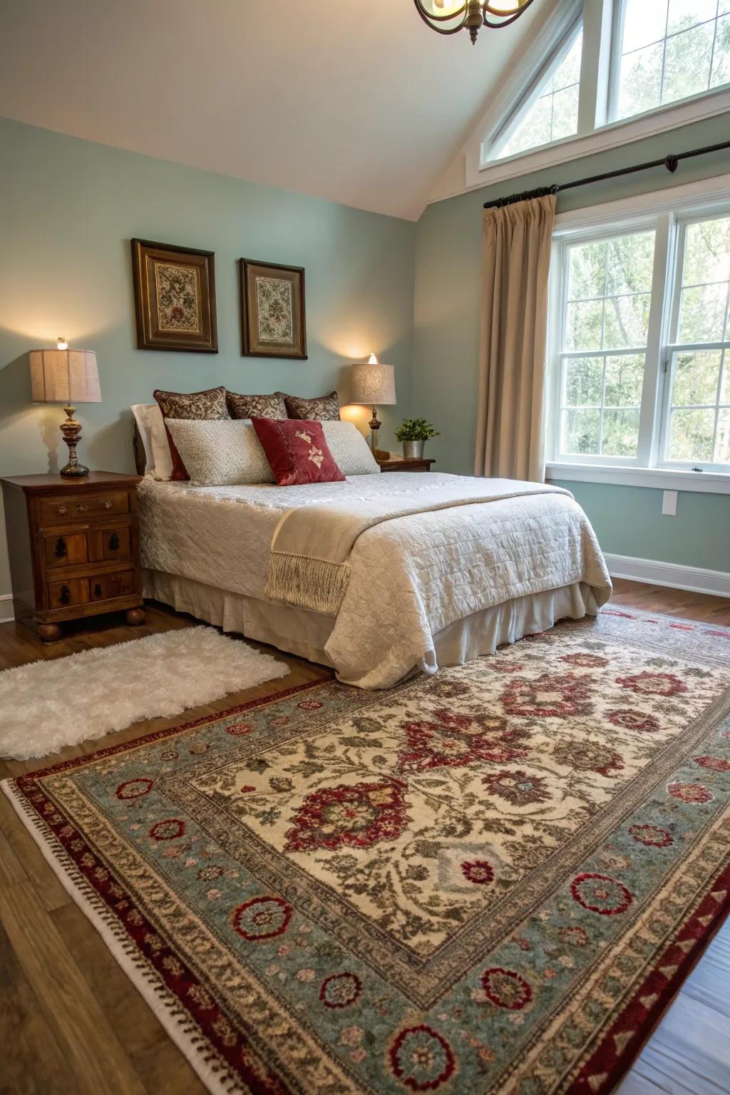 Area rugs contribute texture and warmth to this inviting bedroom.