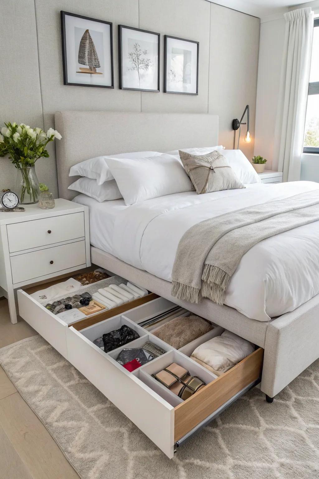 A bedroom featuring practical under-bed storage.