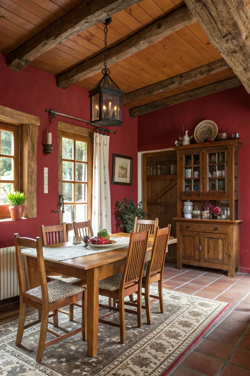 Barn rouge introduces rustic appeal to dining areas.
