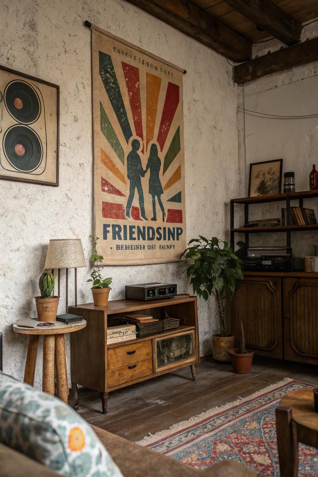 A vintage-style poster adding nostalgic charm to a rustic living space.