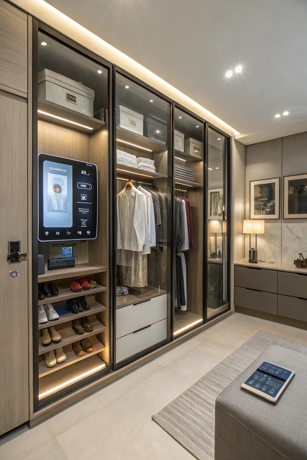 A modern closet fitted with smart technology features.