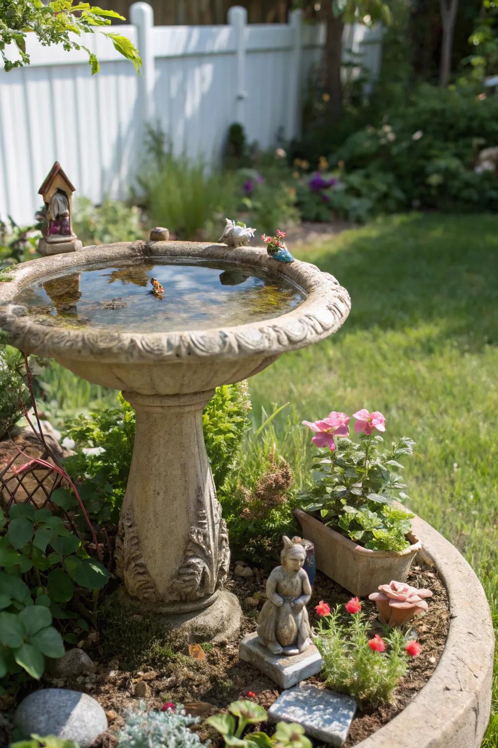 A bird bath transfigured into a captivating diminutive landscape.