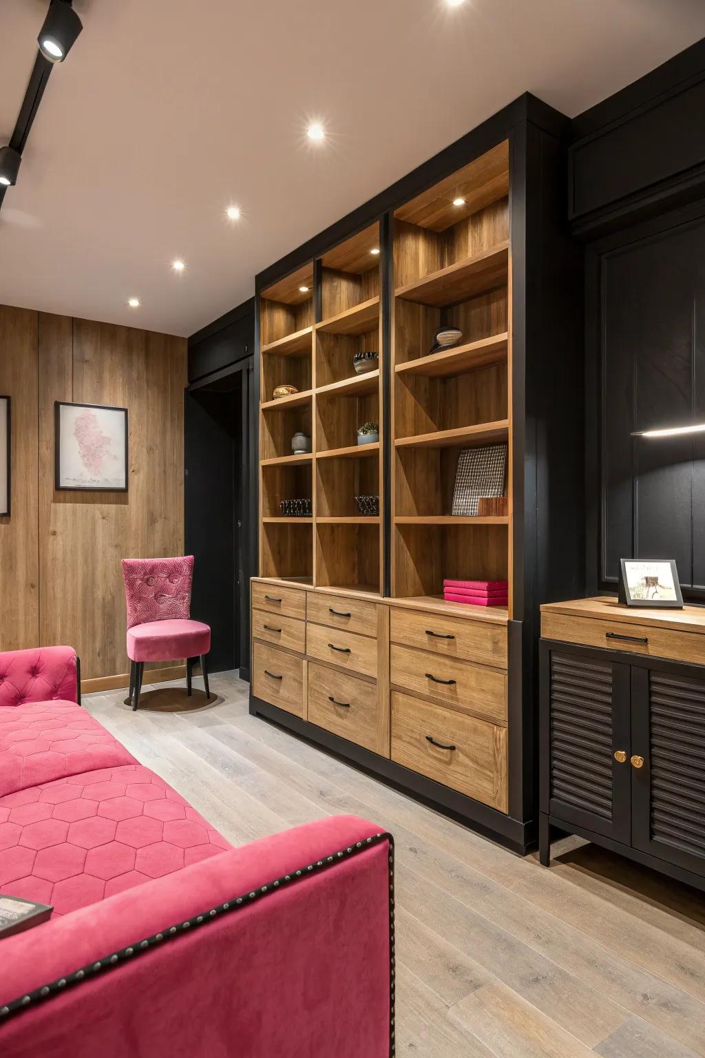 Natural accents like timber add warmth and balance to the design.