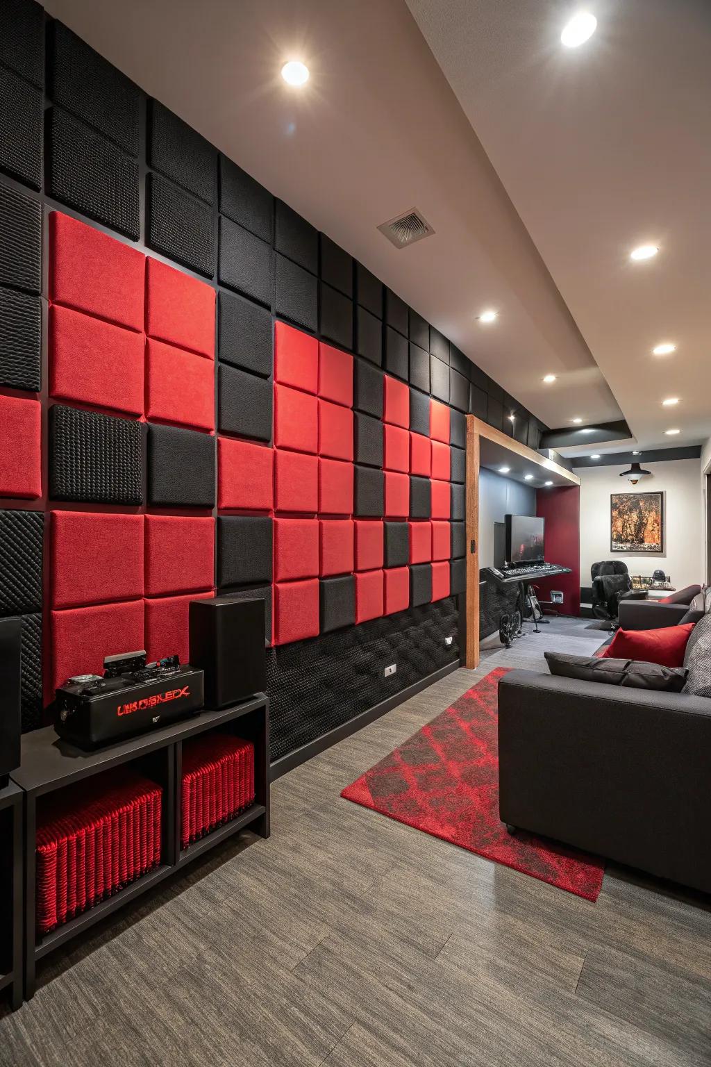 Scarlet and black acoustic panels elevate sound quality and contribute chic wall decor.
