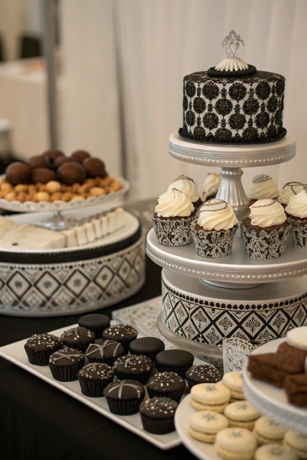 An innovative sweet table featuring coal and shimmer treats.