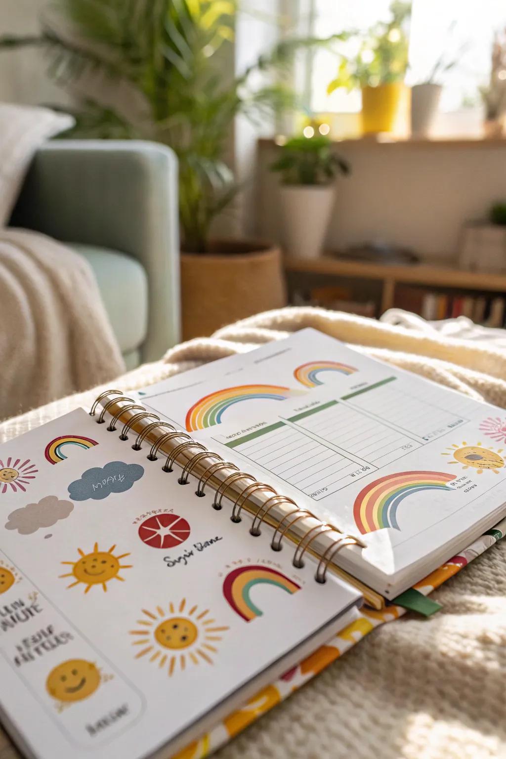 Inspirational decals brightening a daily planner.