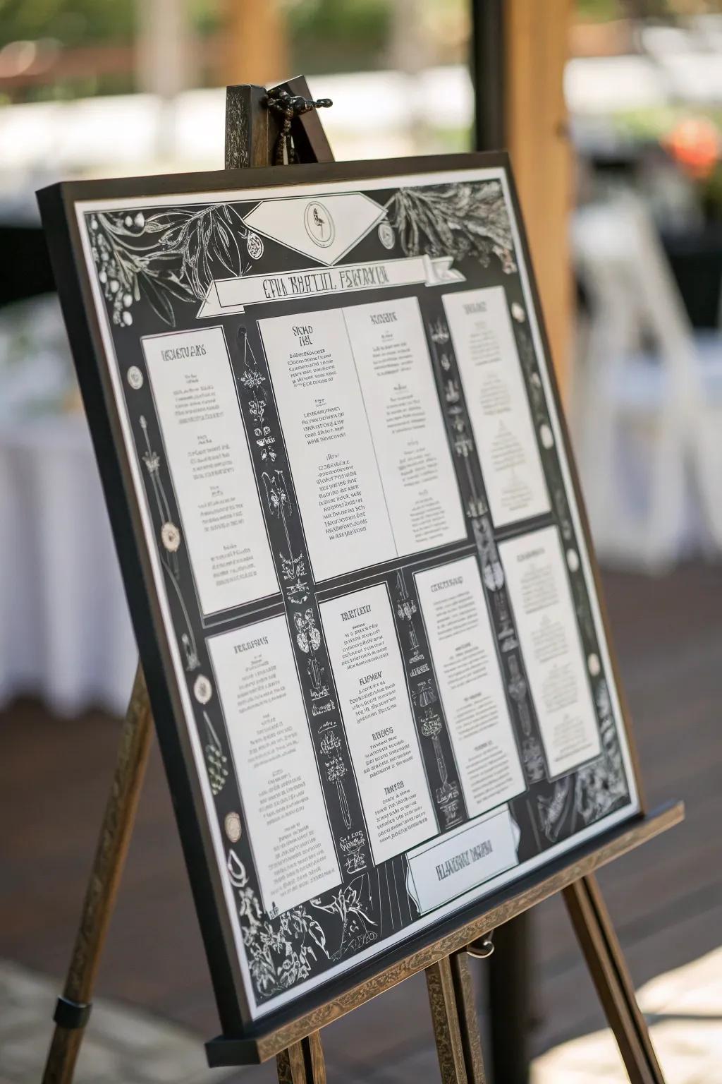 An artistic seating chart enhances the wedding decor while guiding guests.