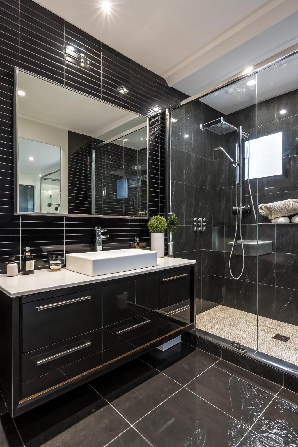 Glossy black tiles reflect light, adding radiance and space.