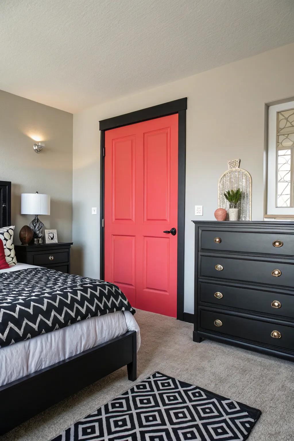 An accent door adds a surprising burst of color to this bedroom.