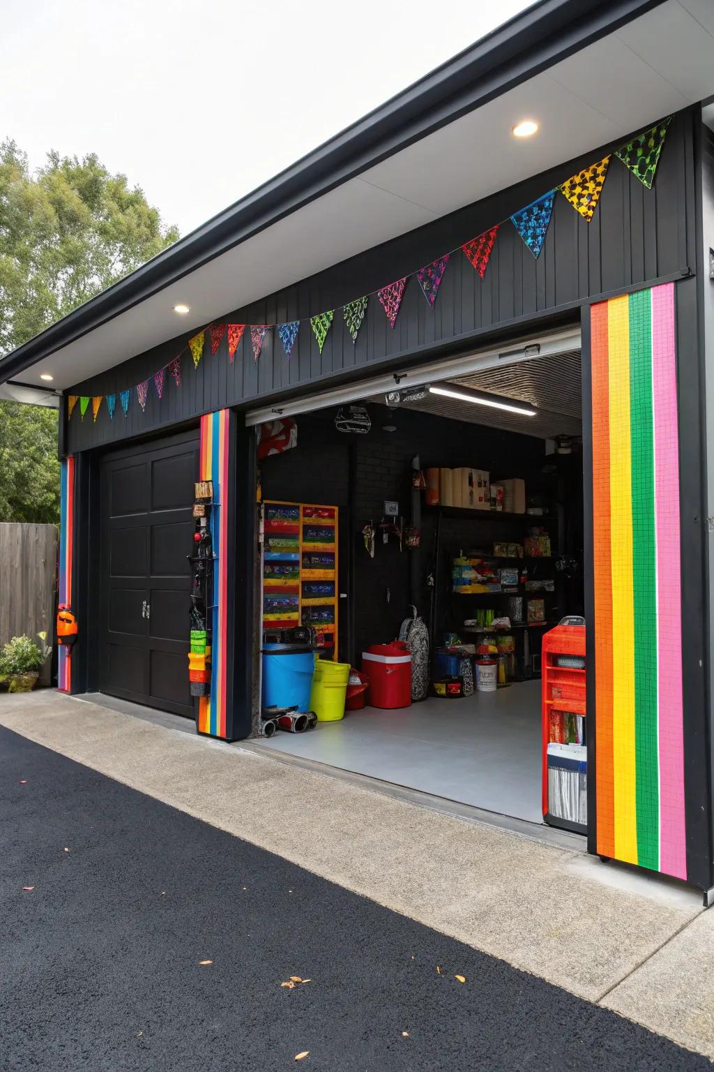 Colorful touches provide contrast and interest to the garage.
