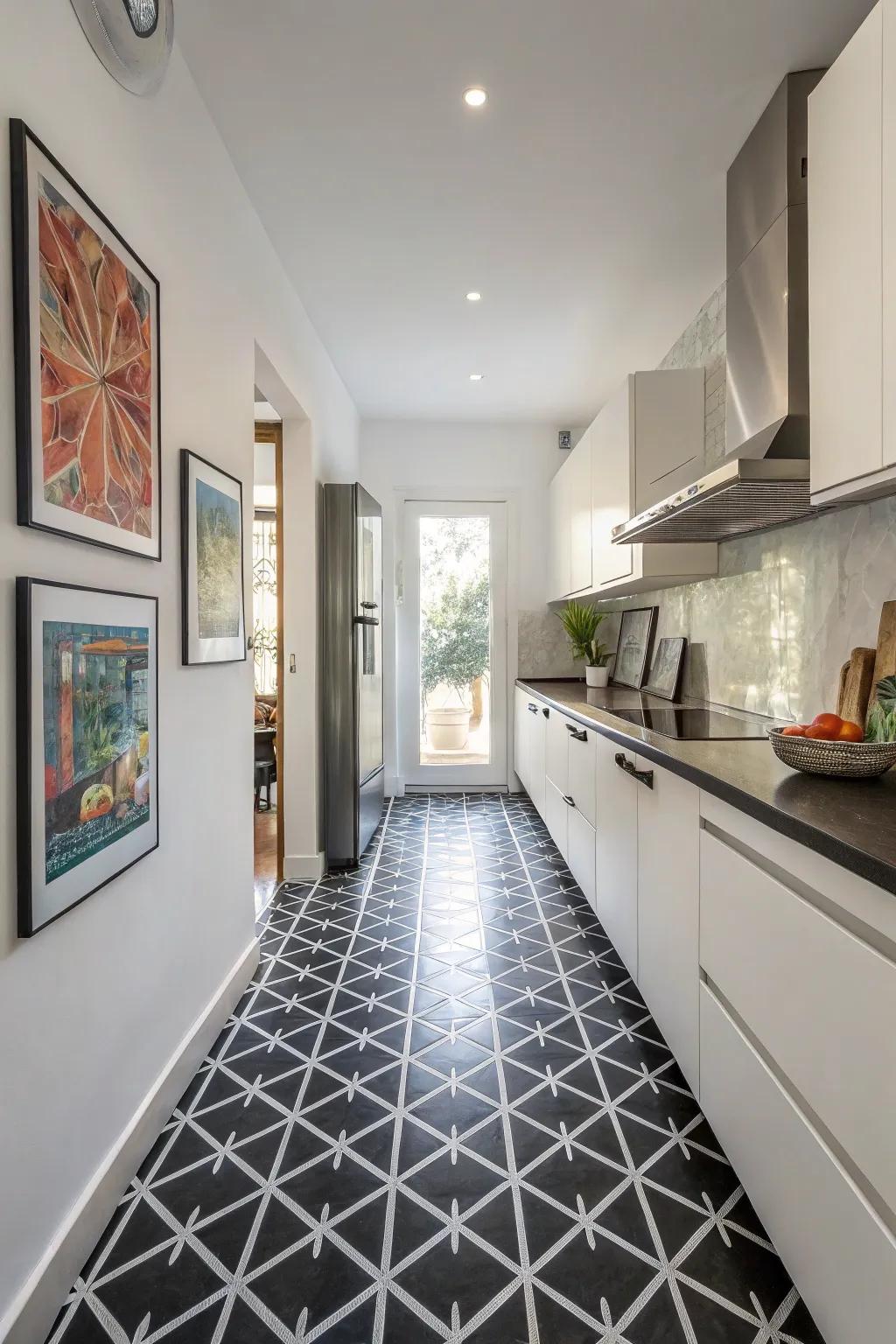 A kitchen featuring artful geometric patterns on dark floor tiles.