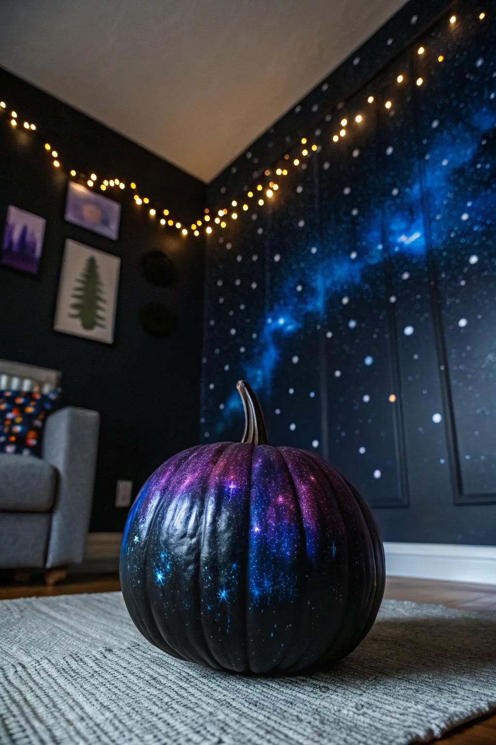 An ebony gourd featuring a galactic design, captivating with its cosmic fascination.