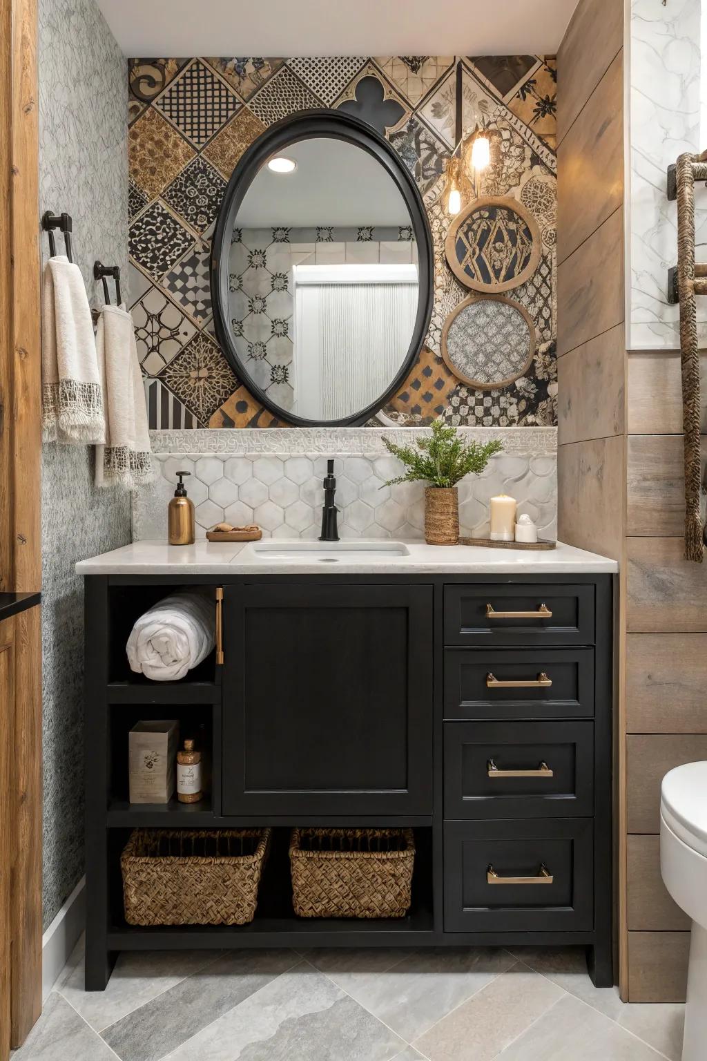 An assorted range of textures around a dark washstand adds dimension and intrigue.