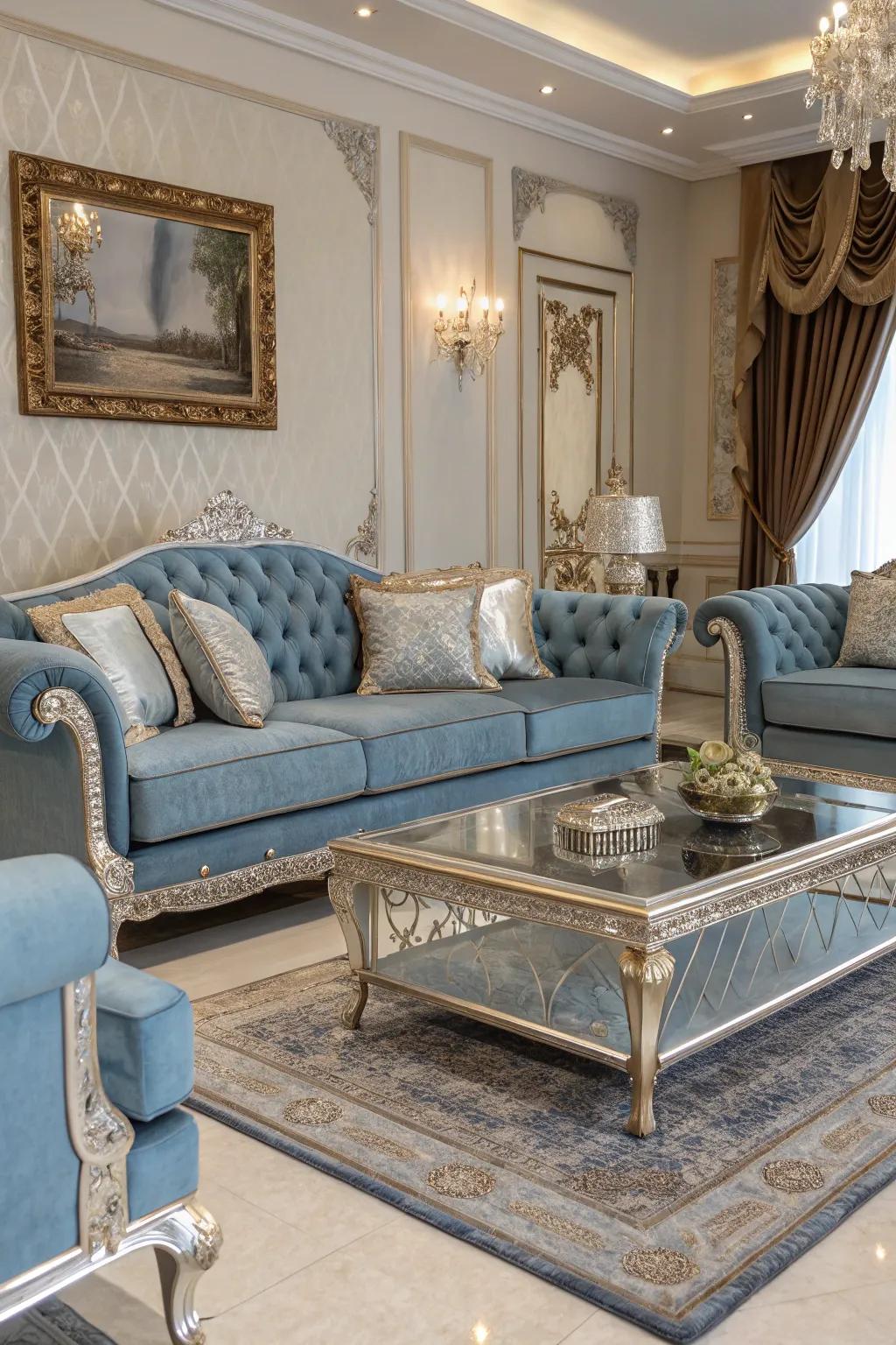 Blue home furnishings with silver edges elevate the aesthetic of this luxurious living room.