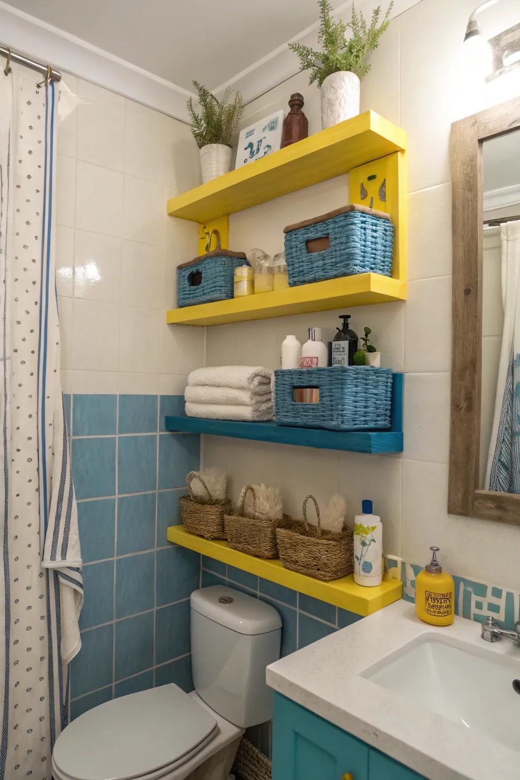 Floating shelves in cornflower and sunflower add style and functionality.