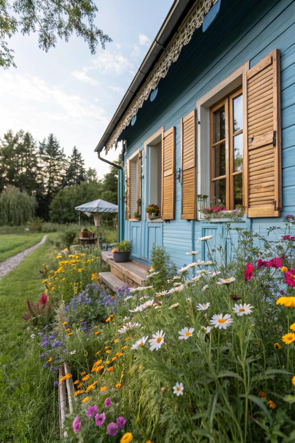 Wooden panels enhance the countryside allure of blue dwellings.
