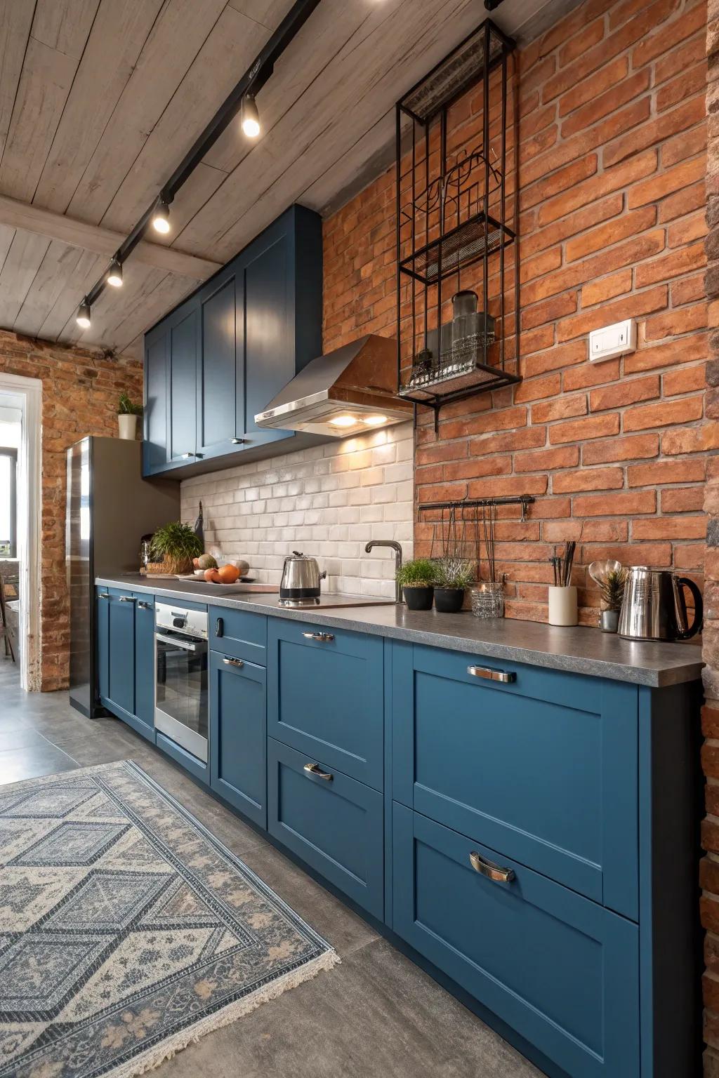 Azure cabinetry with industrial elements create a unique kitchen vibe.