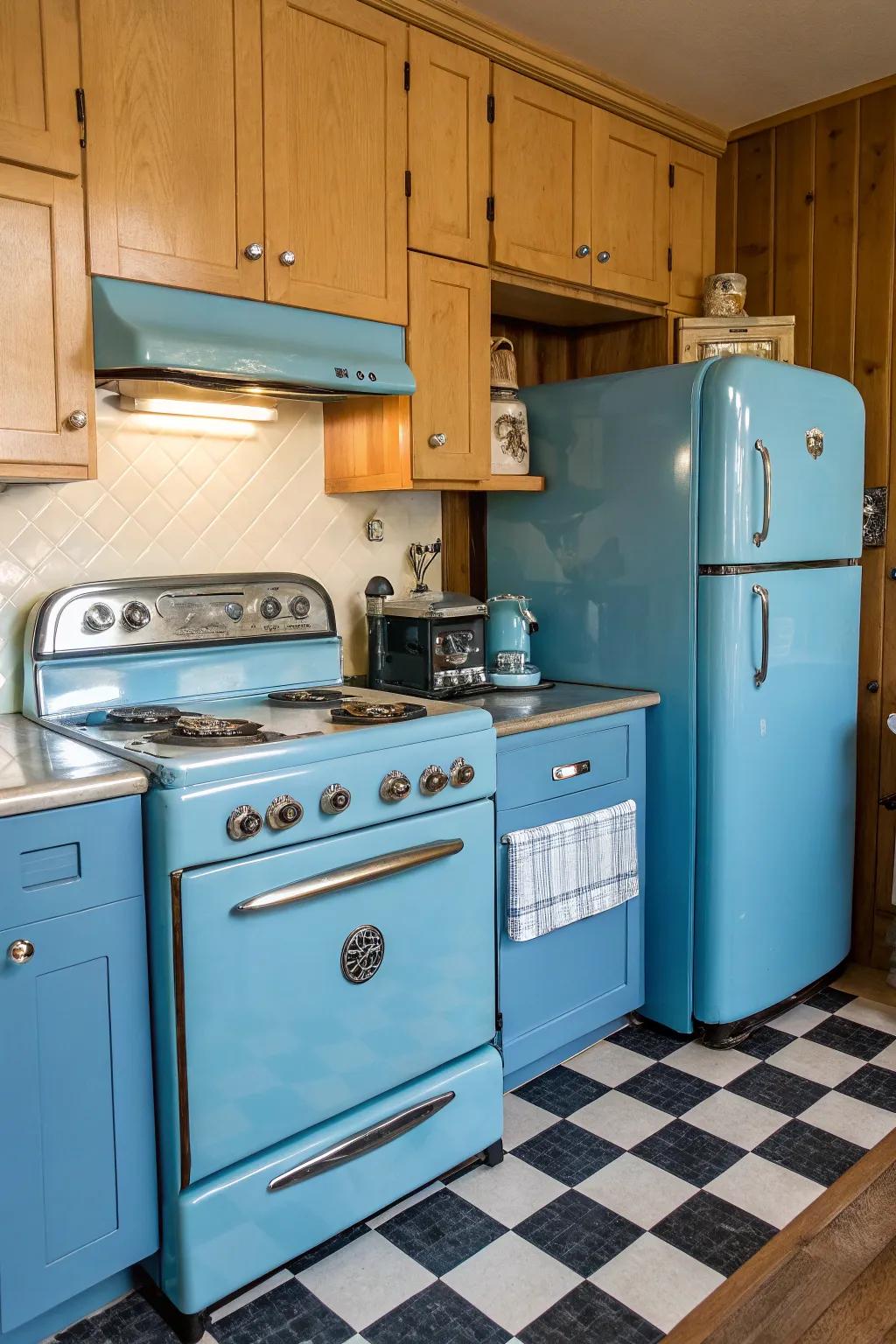 Retro azure appliances add a playful touch to the kitchen.