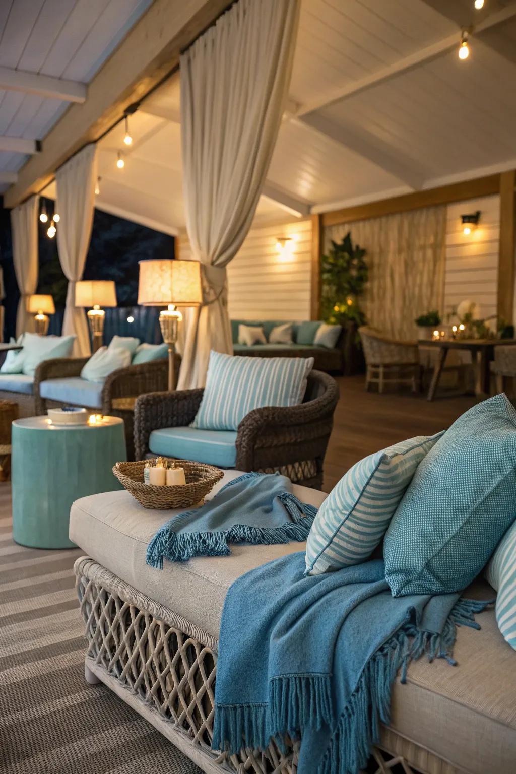 A sophisticated azure-themed relaxation zone offering comfort and style.