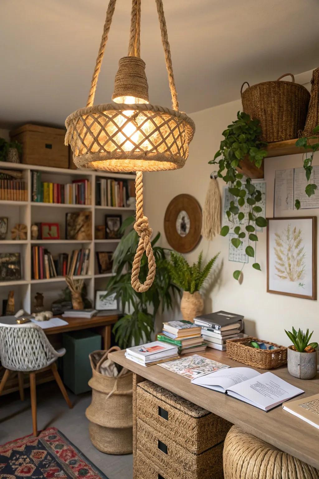 The fiber cord light adds a rustic grace to this boho office.