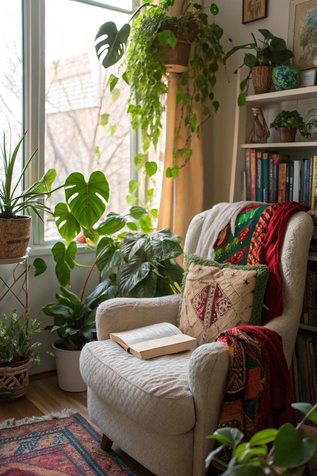 A reading corner offers a serene retreat in the plant space.