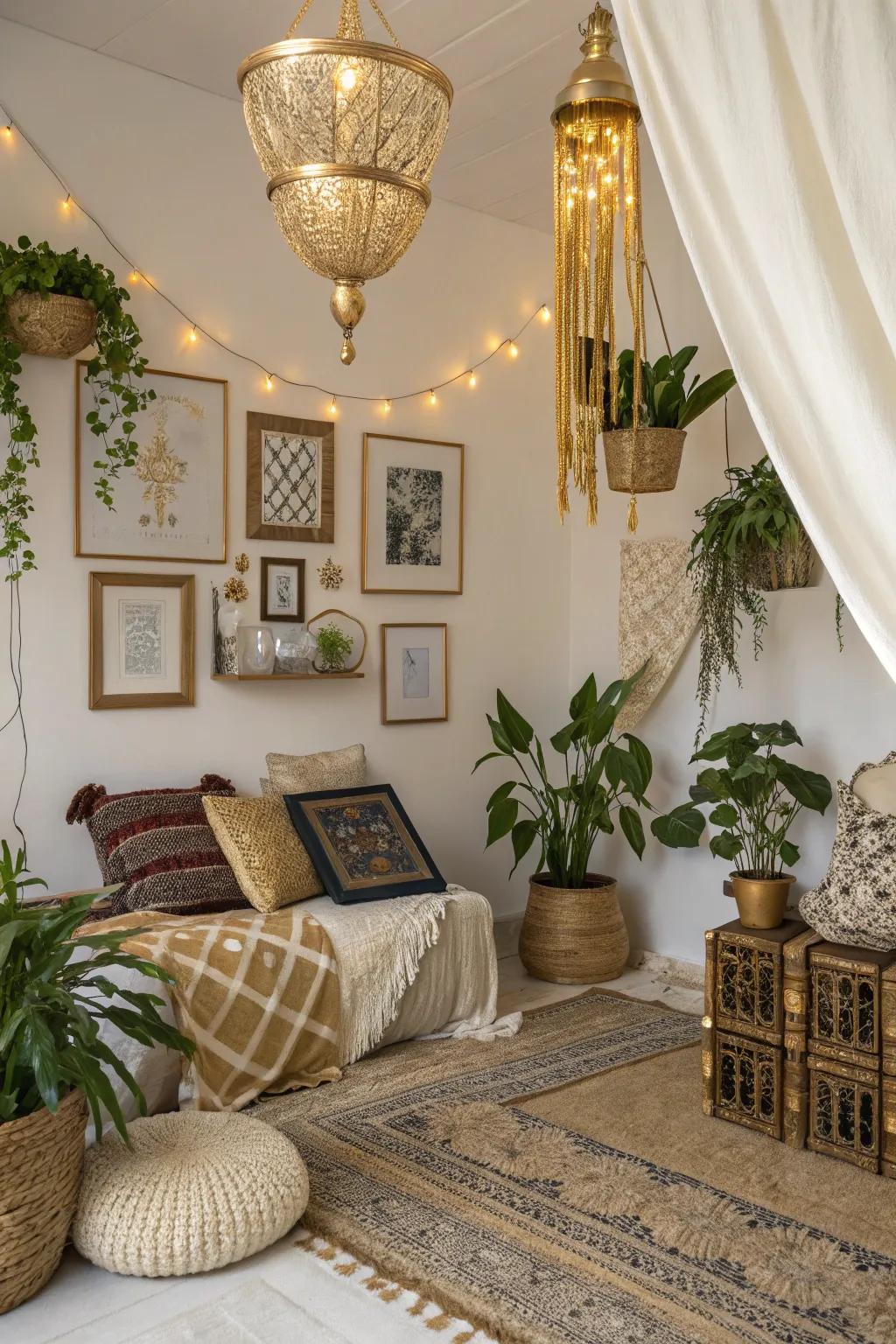 Gold accents add a sophisticated touch to boho decor.