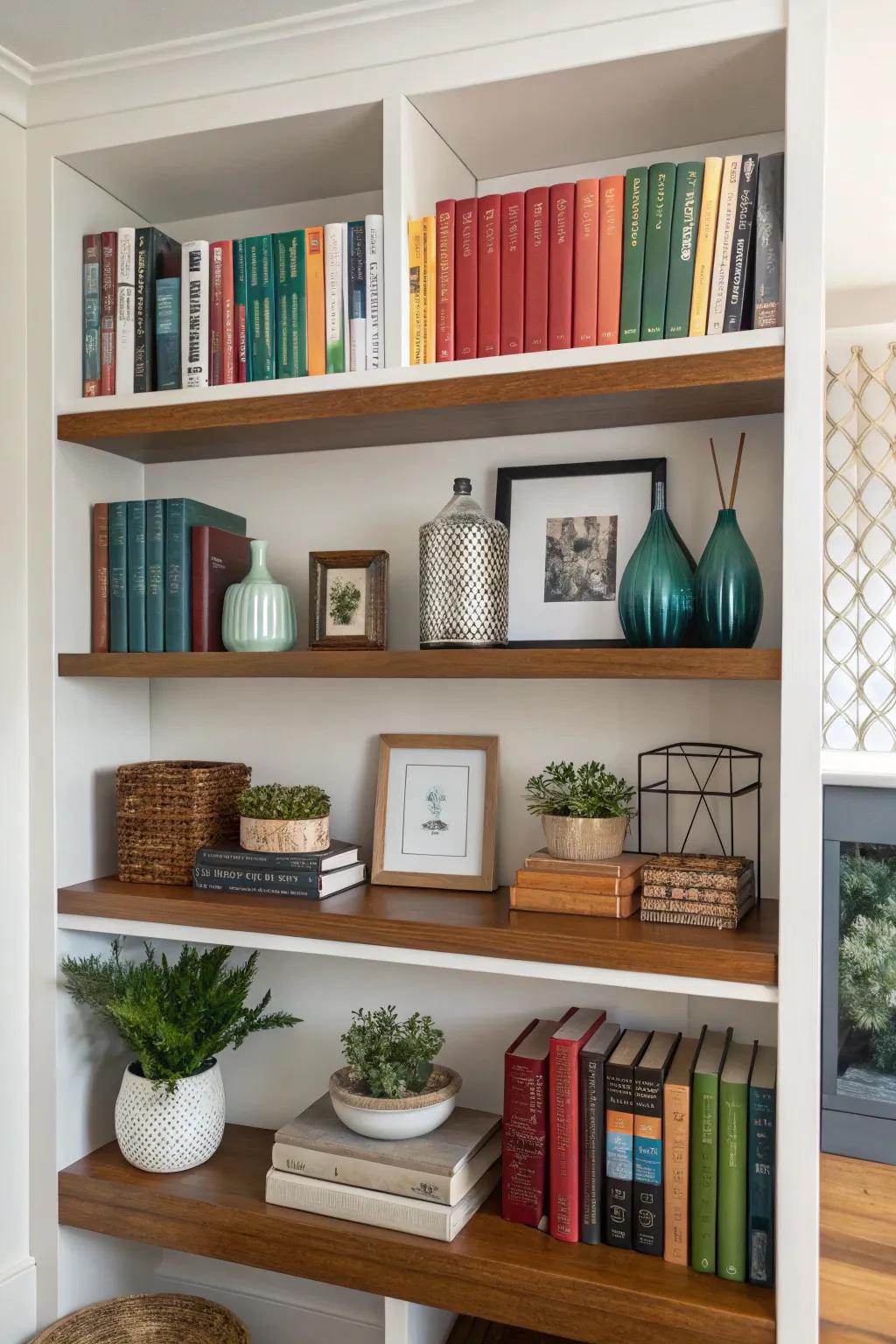 Staggered shelving engenders an intriguing and dynamic bookshelf display.