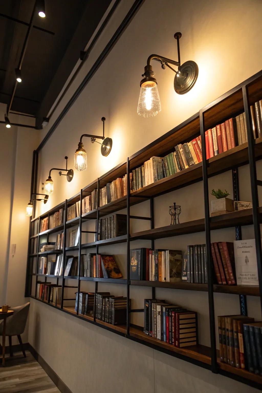 Layered illumination enriches bookcase walls.