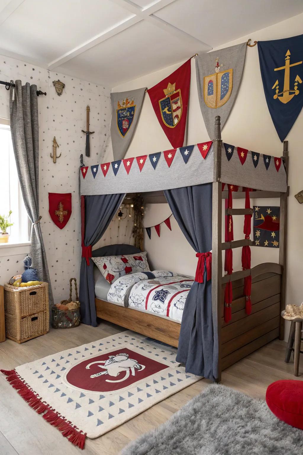 Defend the realm with this knight-themed canopy bed.