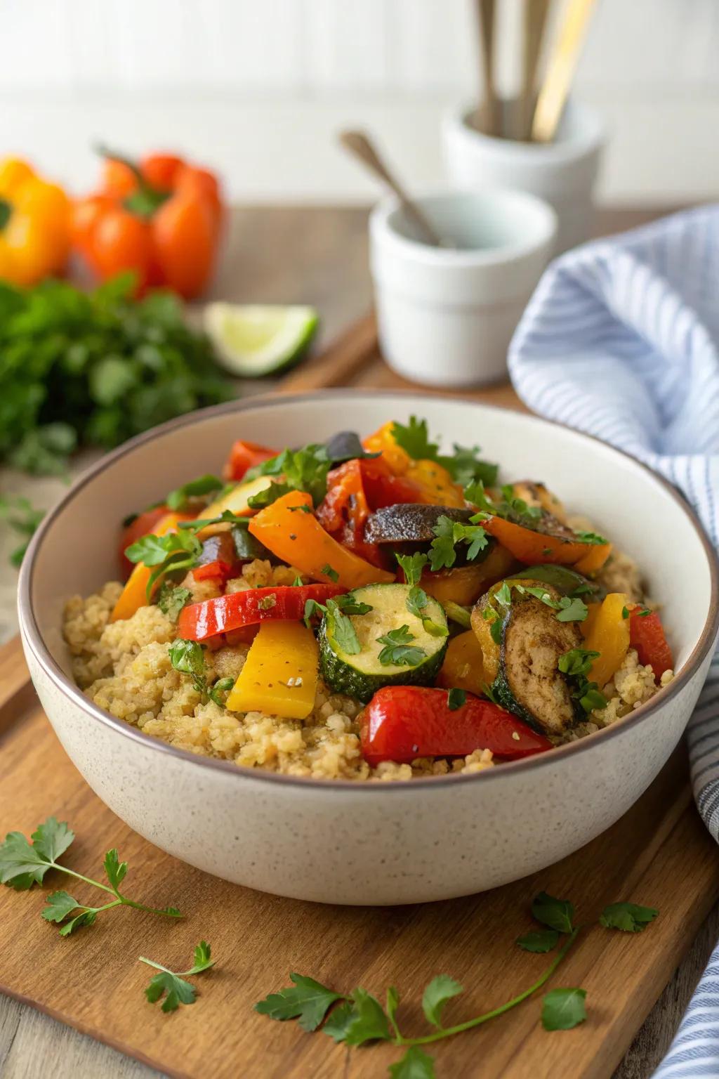 A highly nutritious quinoa bowl generously loaded with roasted vegetables, offering a well-balanced and satisfying breakfast.