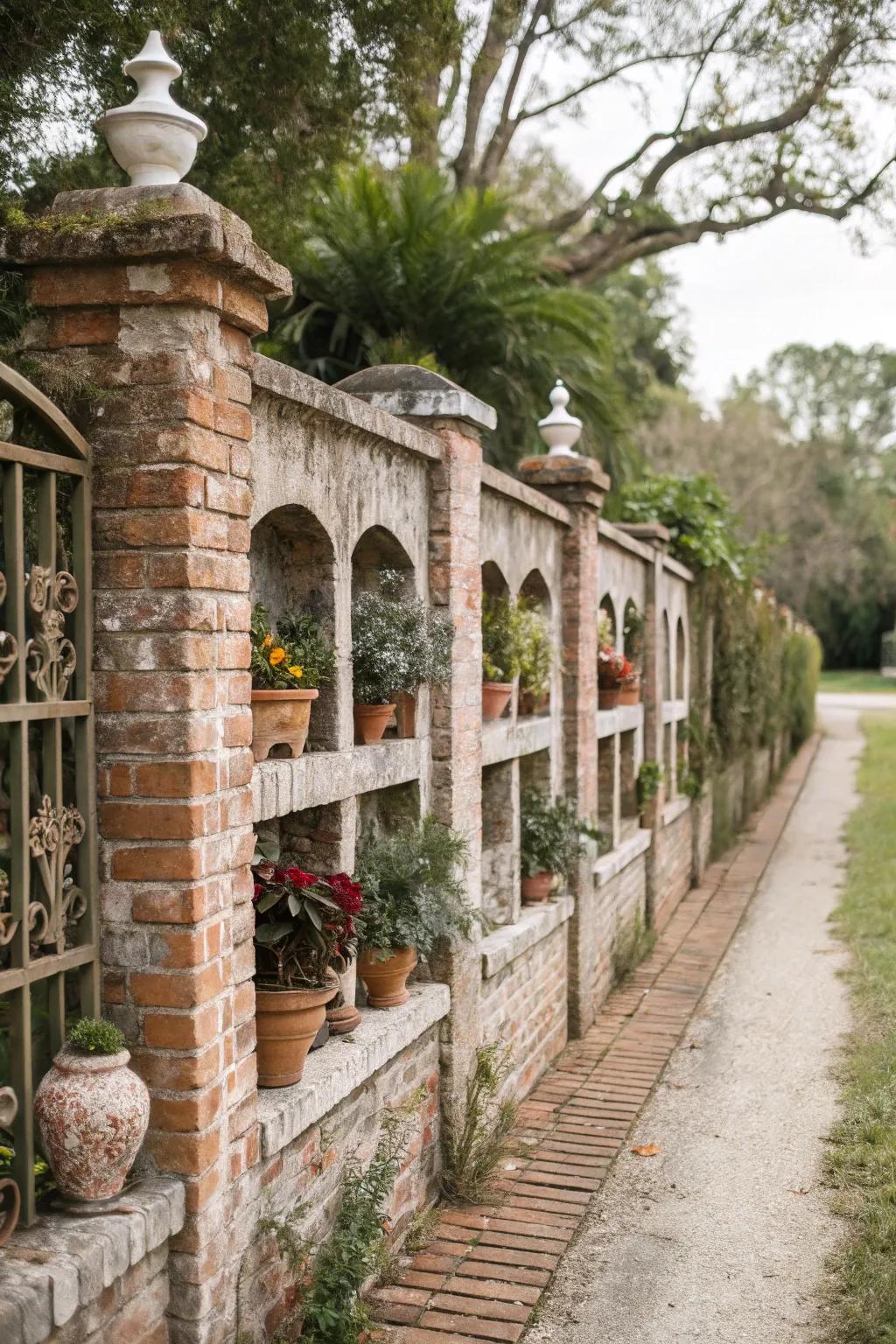 Niches add depth and character to a brick fence.