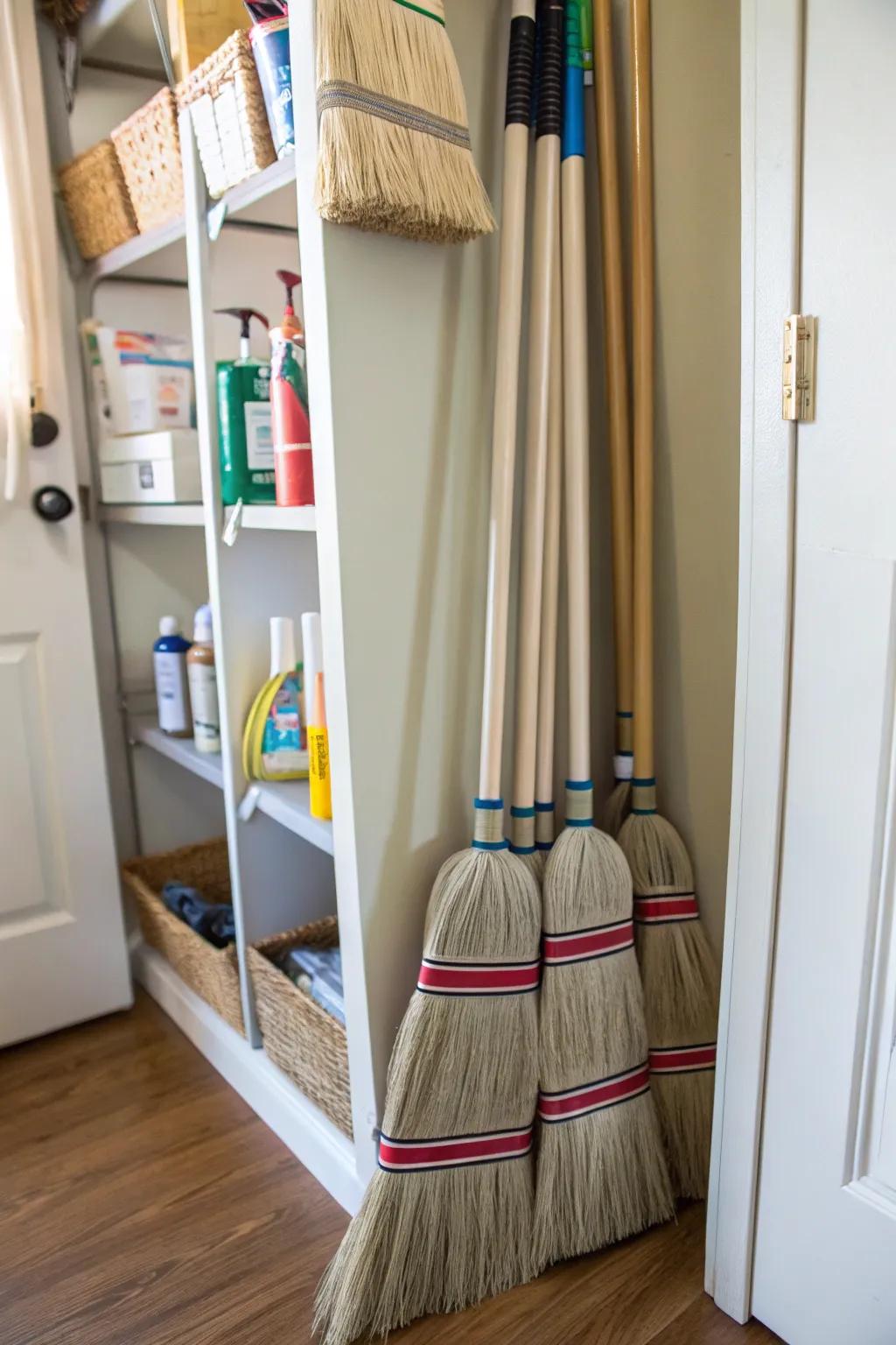 Simplifying storage with brooms bundled by Velcro straps.