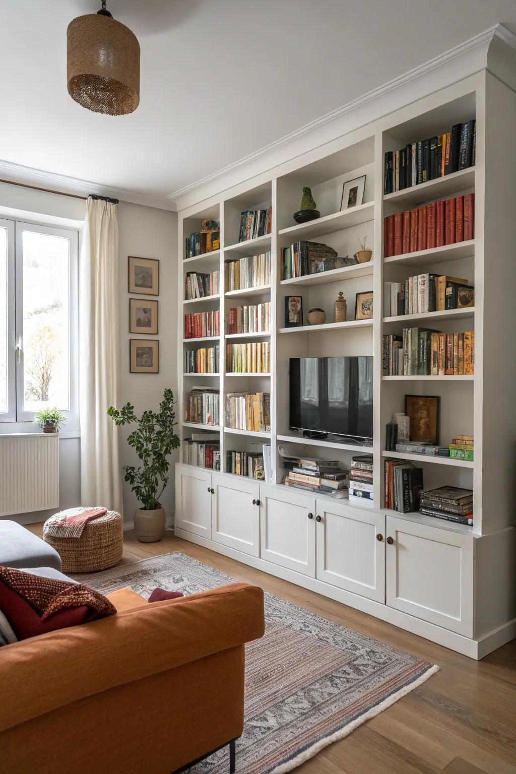 Storing things upwards helps keep your living room tidy without losing floor space.
