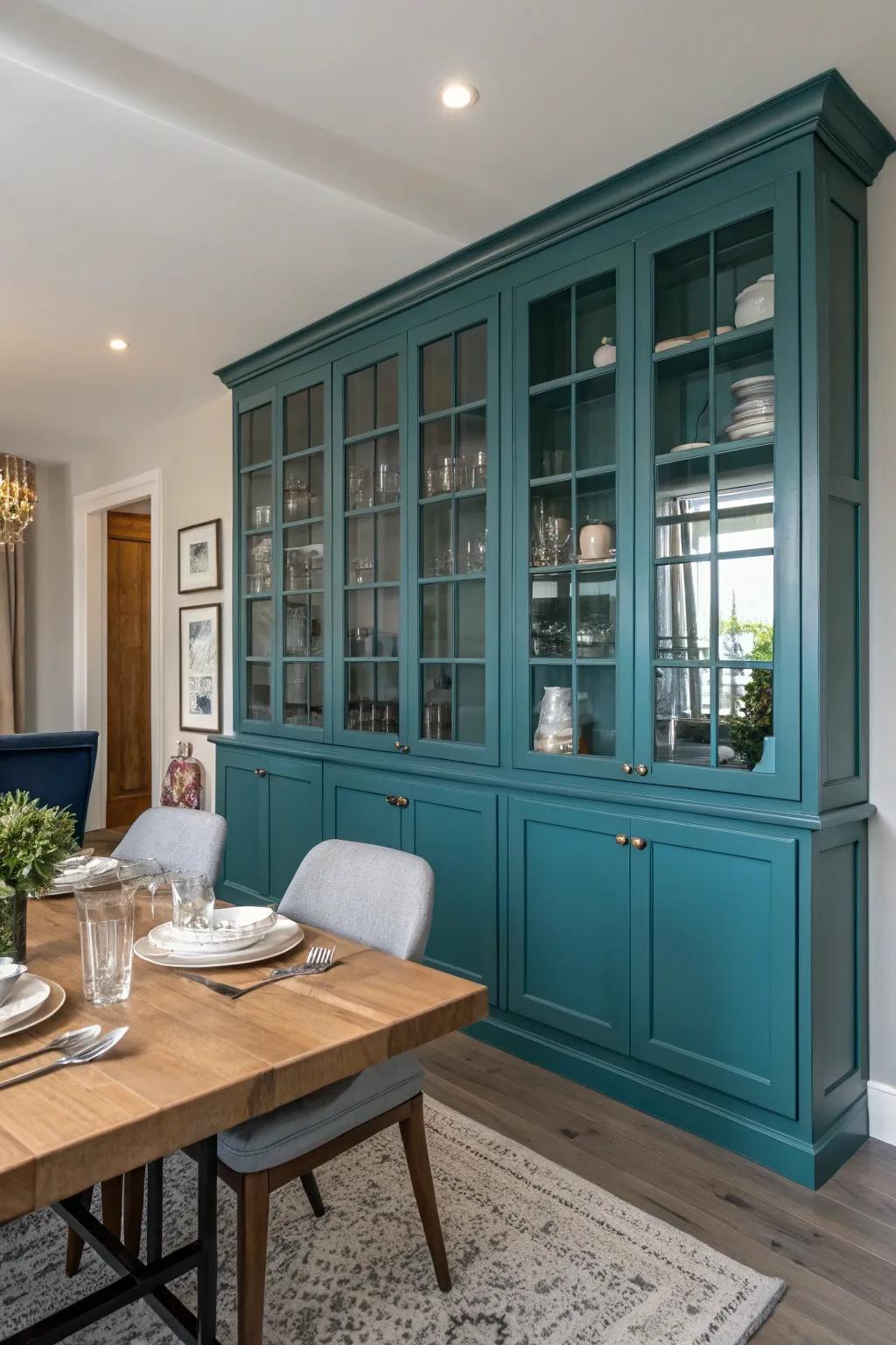 Vibrantly colored built-in cabinets making a bold statement in the dining room.
