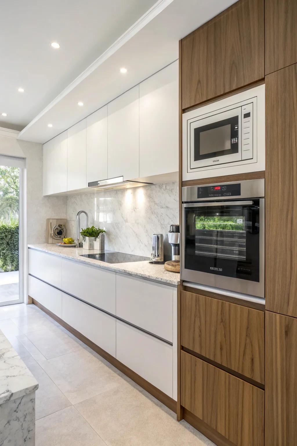 Contemporary kitchen featuring a microwave recessed into the wall.