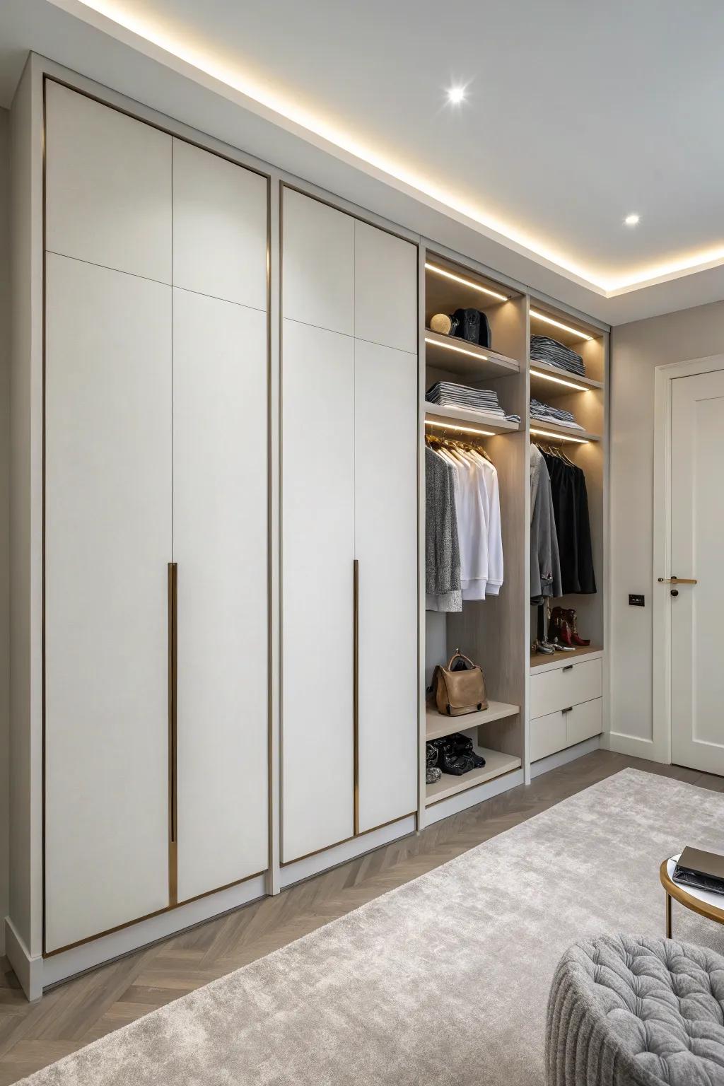 Handle-free panels cultivate a streamlined and contemporary wardrobe design.