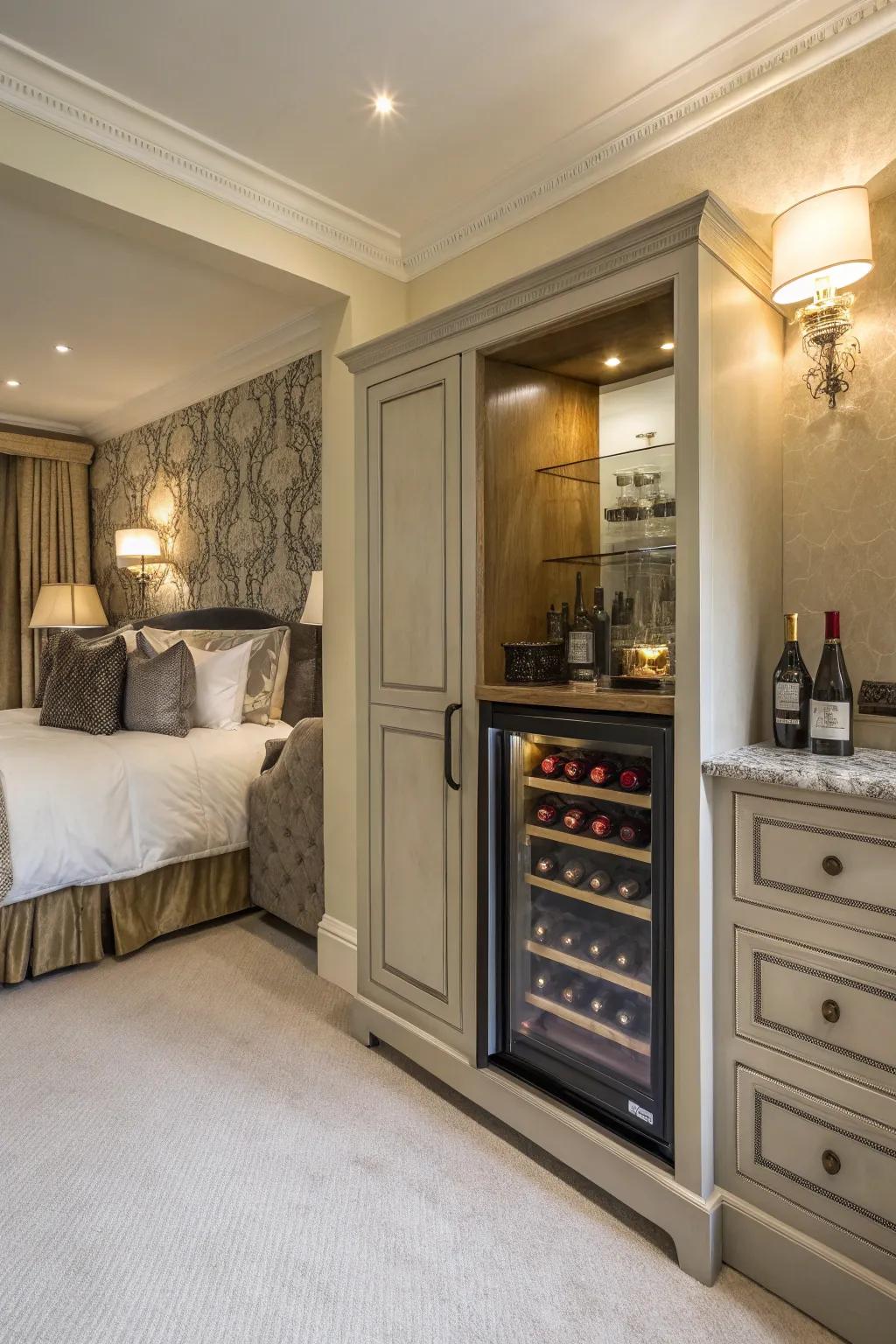 Design a personal getaway through adding a drink chiller in your bedroom.