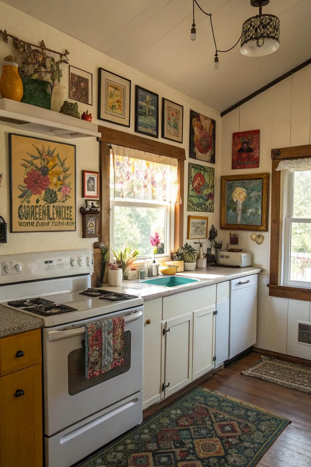 A bungalow cooking area brought to vitality with the inclusion of diverse art.