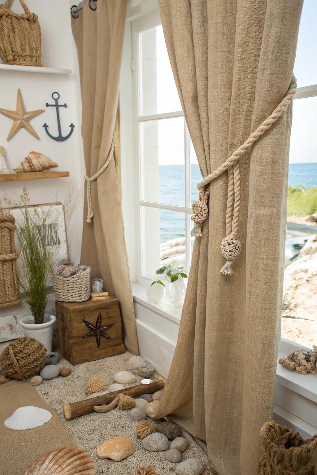 Sackcloth drapes with nautical accents evoke coastal vibes.
