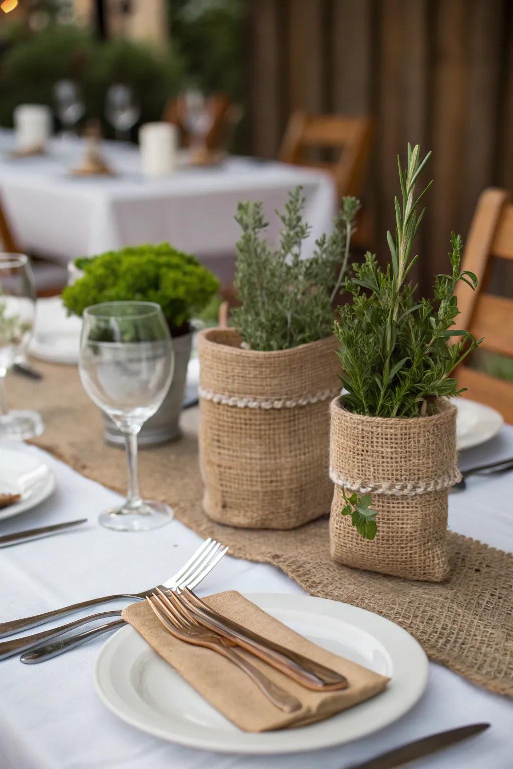 Hessian utensil wraps maintain dining tidiness and charm.