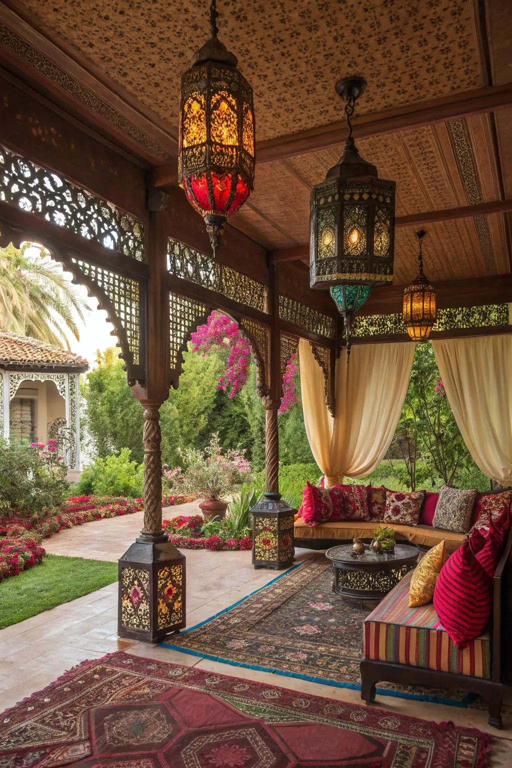 A vibrant Moroccan cabana showcasing rich designs and decor.