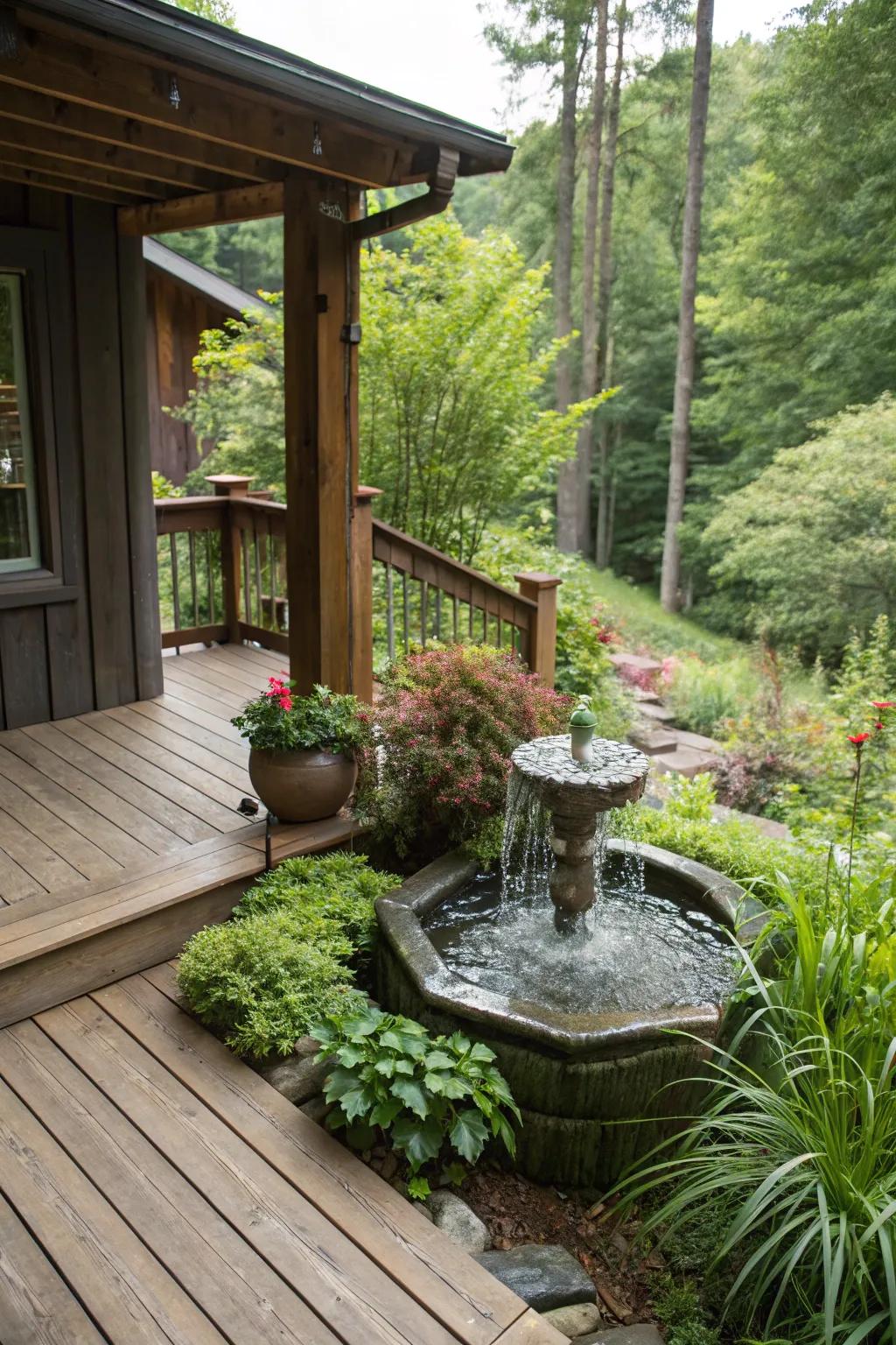 A water feature that adds tranquility to the deck.