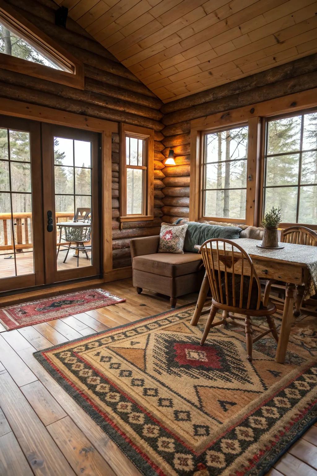 Layered rugs contribute warmth and tactile depth to the cabin's floors.